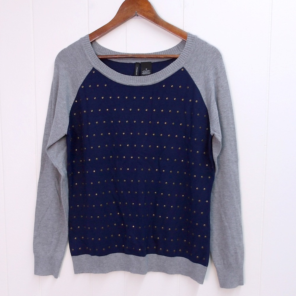 ND Navy Blue Gray‎ Raglan Sweater Gold Stud Accents Crew Neck Sz M / #1229